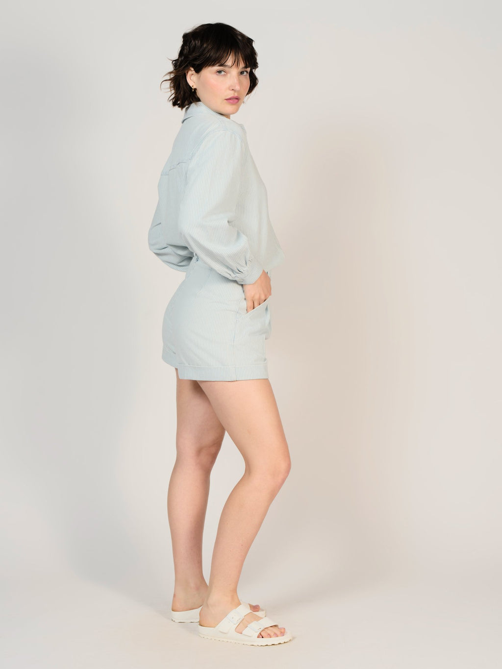 Short à pinces bleu AMELIA STRIPE en 100% Coton