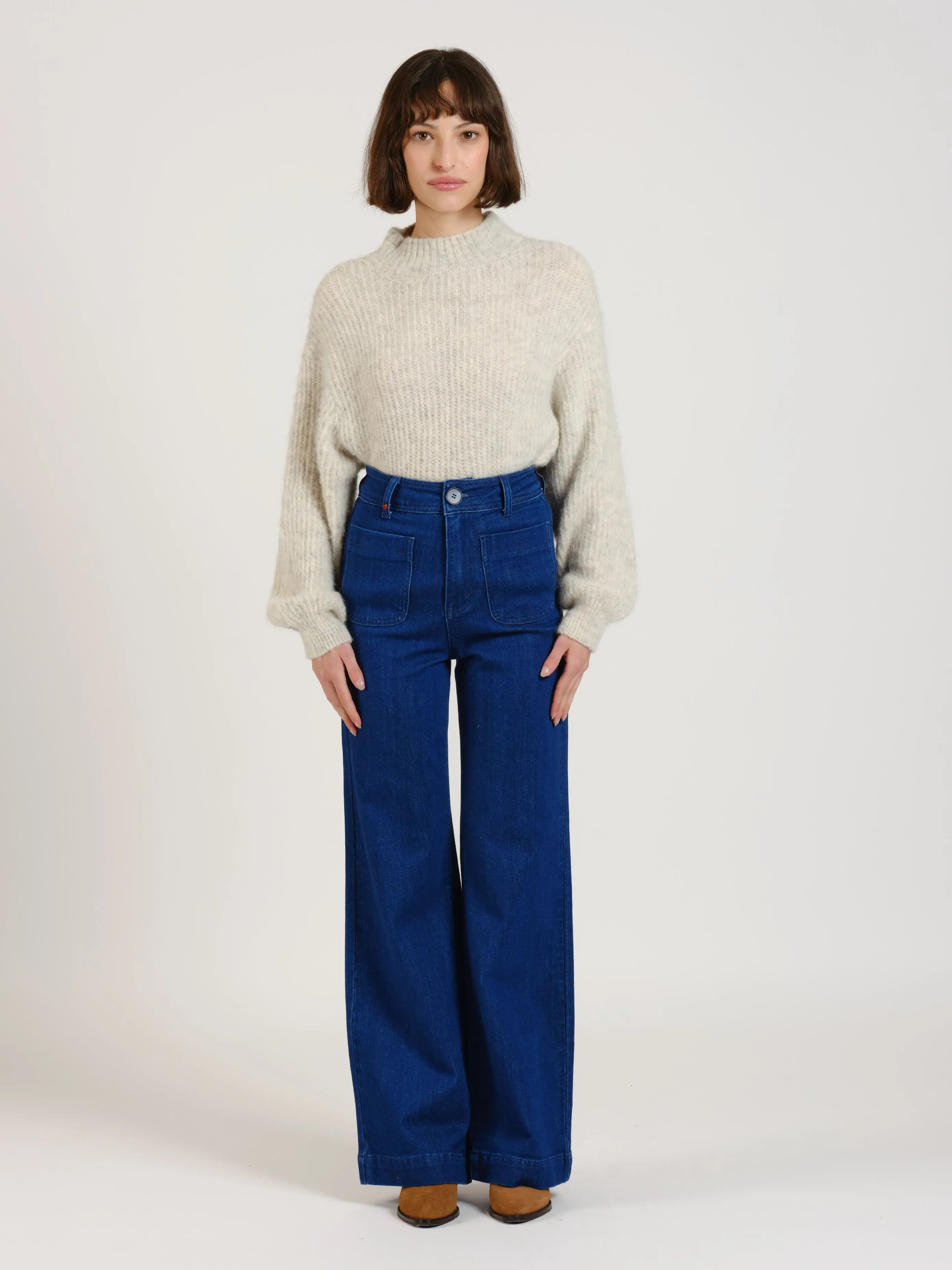 Jean évasé taille haute marine FAUVE