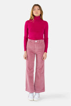 Pantalon évasé en velours vieux rose FAUVE femme, OLD PINK, taille XS, porté par Lilou (1m75) – photo 3