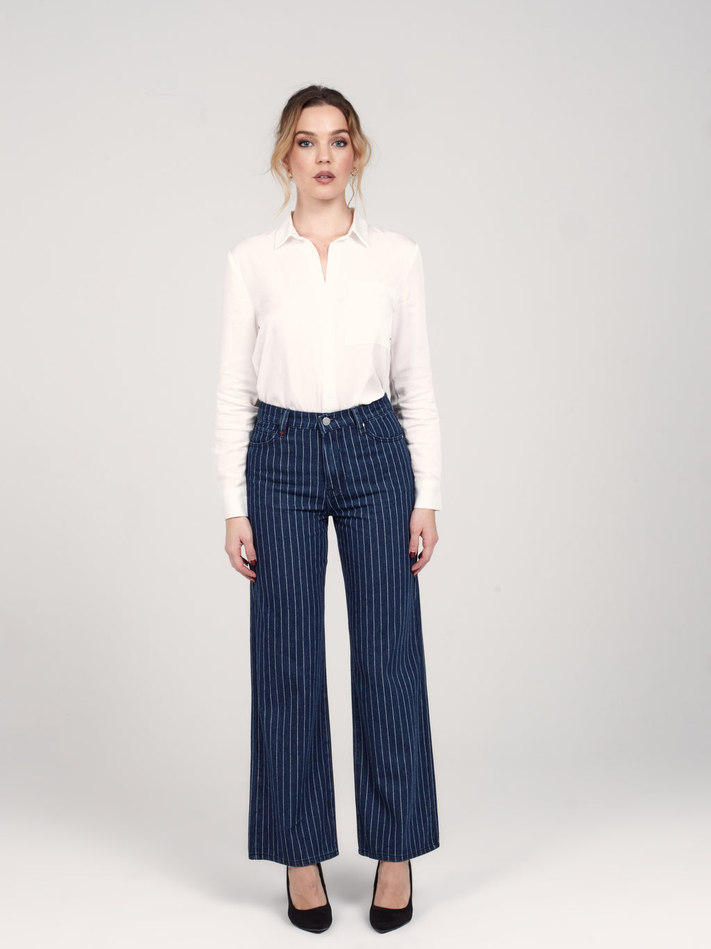 Jean évasé taille haute FOREST femme, STRIPE, taille XS, porté par Priscilla (1m76) (FAM PARIS) – photo 1