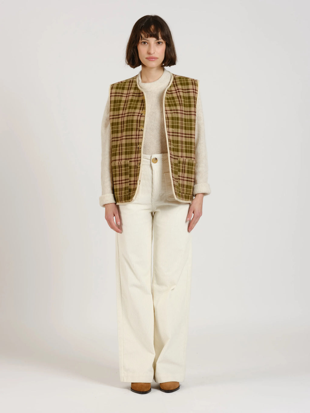 Veste sans manches réversible VALE femme, BEIGE/CARREAUX, taille XS, porté par Léa (1m70) – photo 3