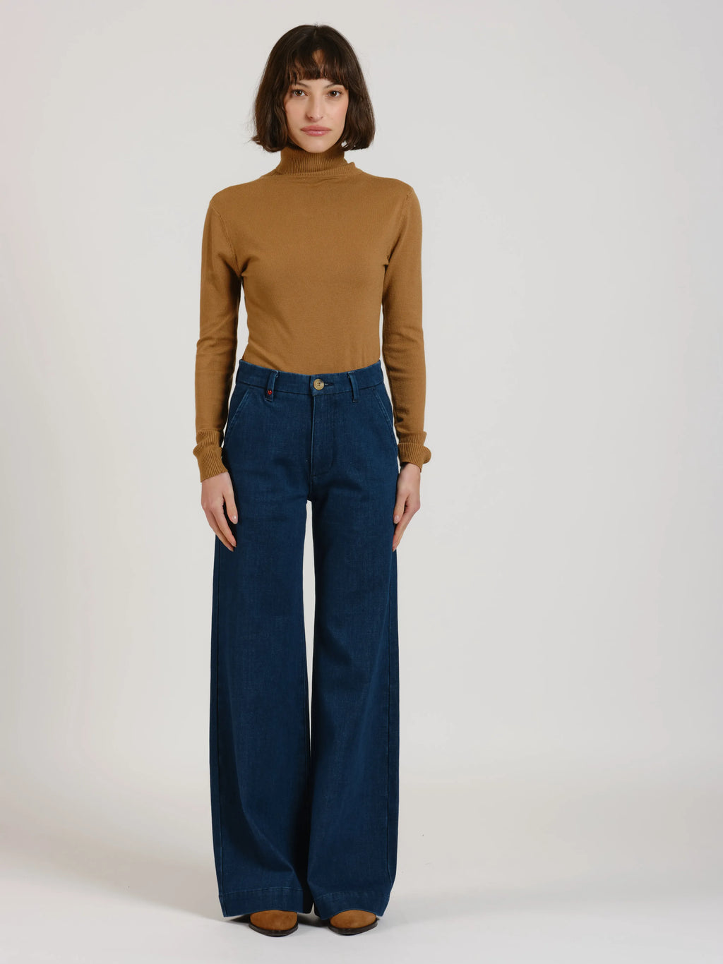 Jean évasé taille haute marine FRANCINE femme, NAVY, taille XS, porté par Léa (1m70) – photo 2