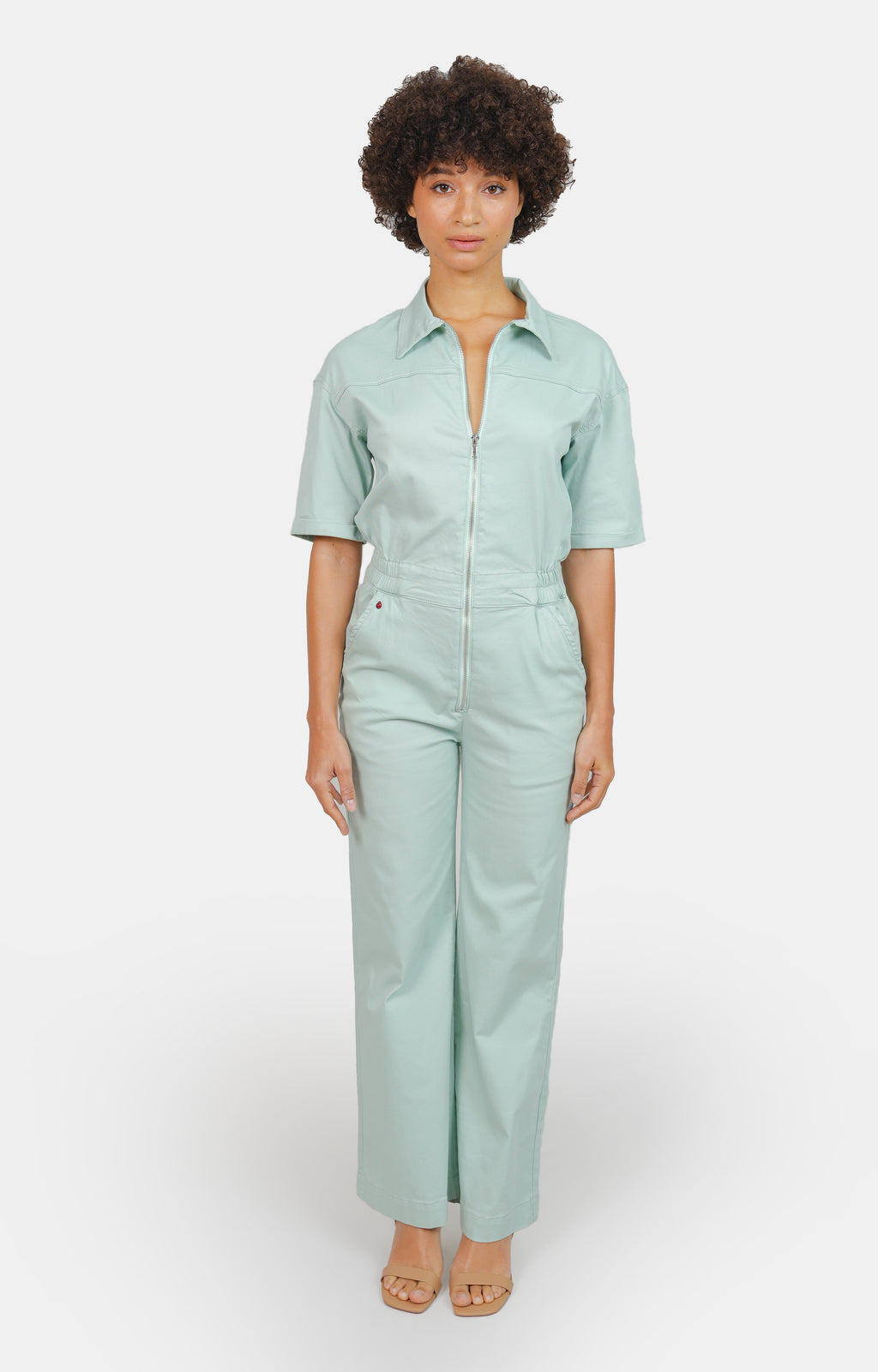 Combinaison évasée manches courtes sage DELPHINE femme, LIGHT SAGE, taille XS, porté par Marie (1m71) – photo 2