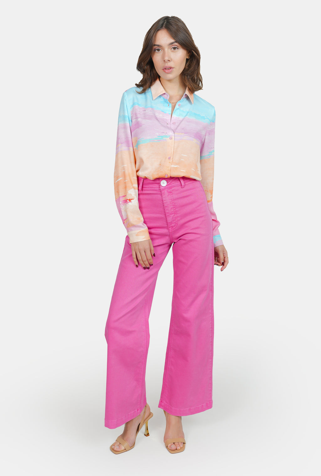 Chemise à motifs Pastel A HELENE femme, PASTEL A, taille XS, porté par Claire (1m76) – photo 3