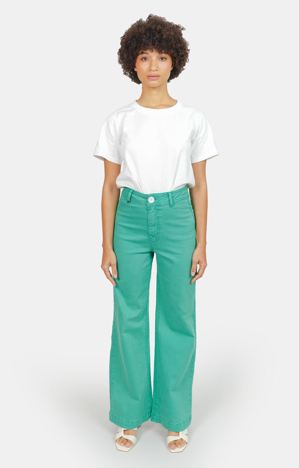 Jean évasé taille haute vert FAUVE femme, GREEN, taille XS, porté par Marie (1m71) – photo 2