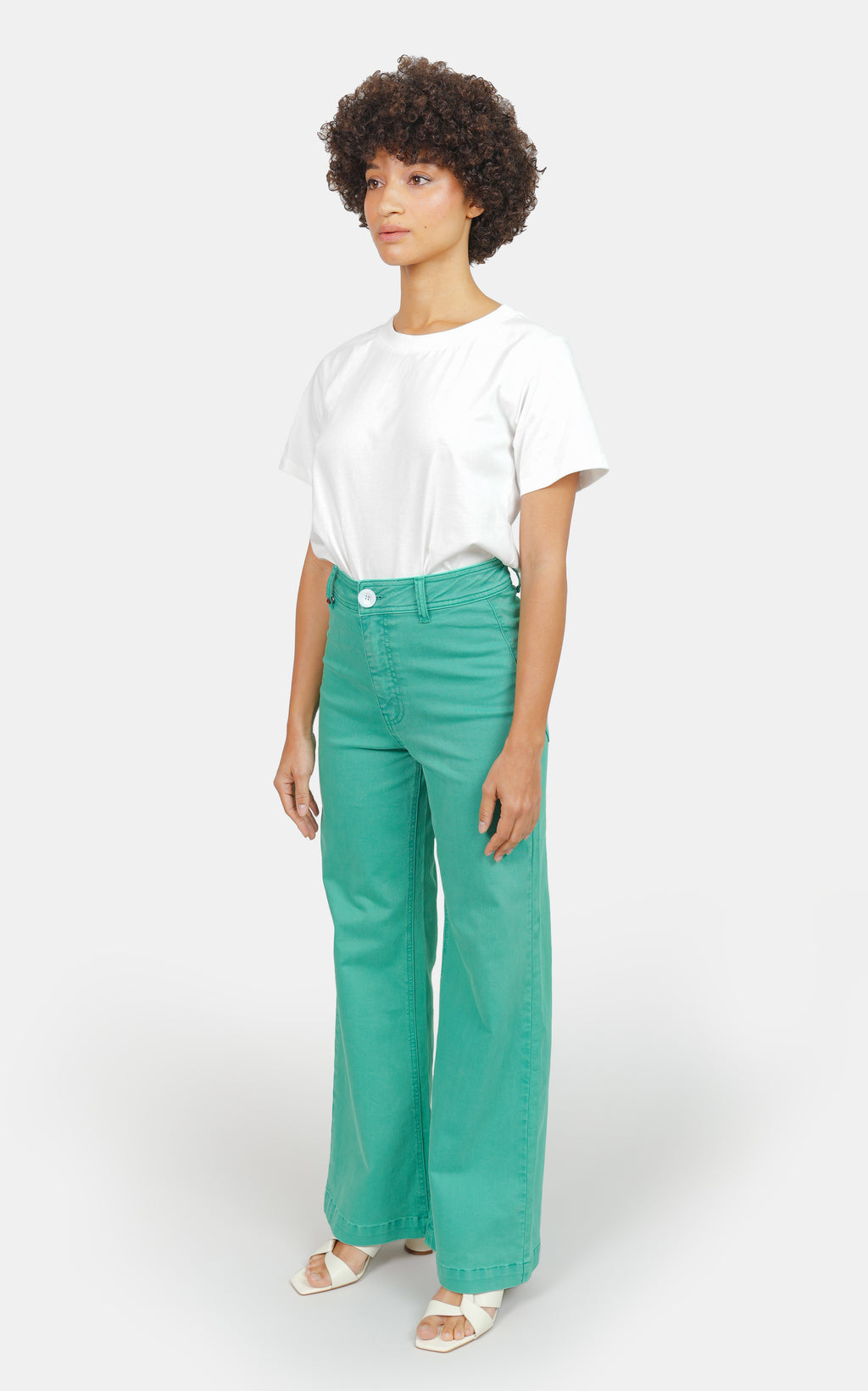 Jean évasé taille haute vert FAUVE femme, GREEN, taille XS, porté par Marie (1m71) – photo 3