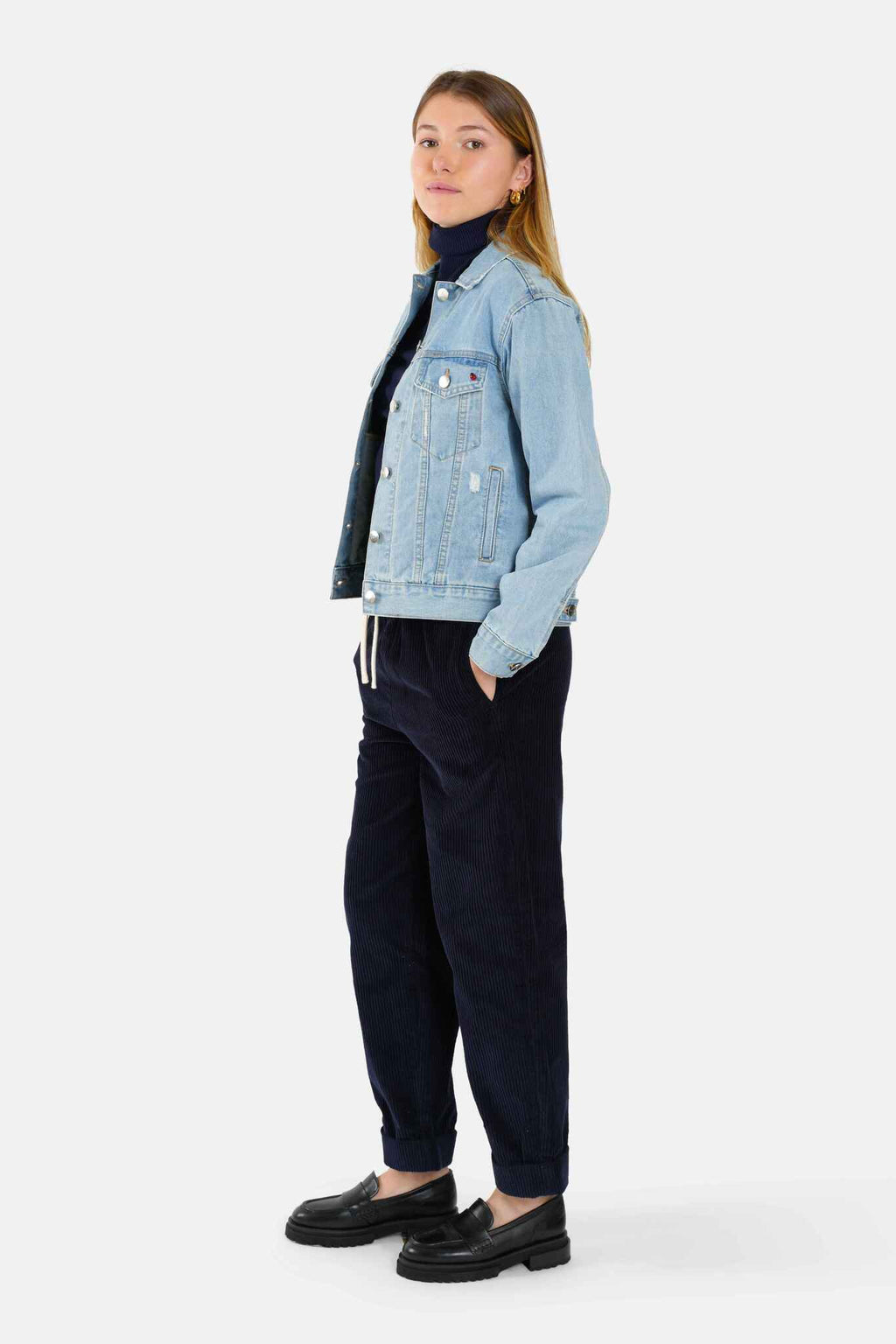 Veste en jean bleu VIVI femme, BLUE, taille XS, porté par Lilou (1m75) – photo 3