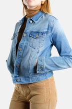 Veste cintrée en jean bleu VALERIE femme, BLUE, taille XS, porté par Lilou (1m75) – photo 5
