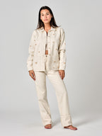Veste en jean greige VIVIAN EMBRO HEART femme, GREIGE, taille XS, porté par Valentine (1m70) (FAM PARIS) – photo 1