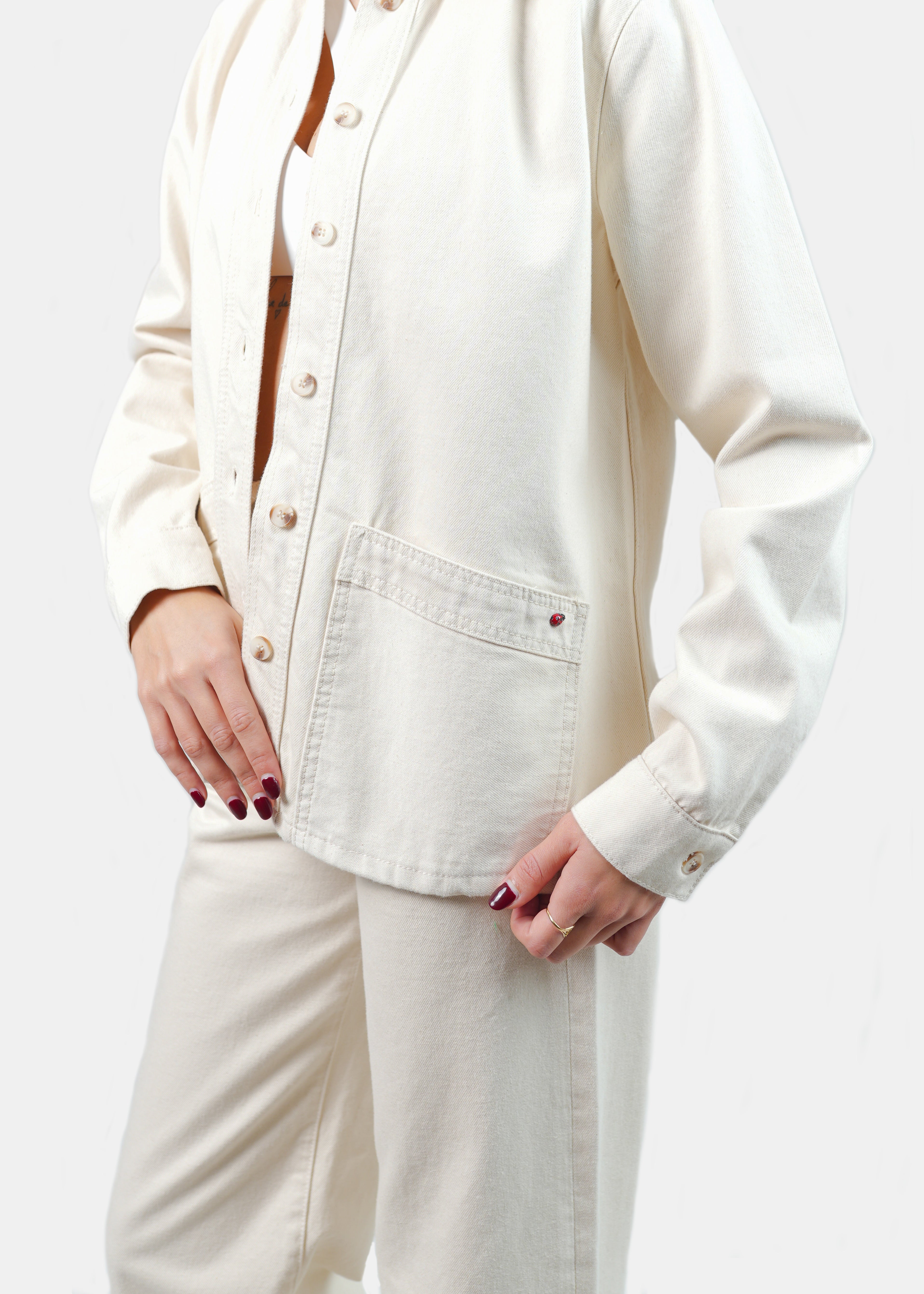 Veste légère écru en jean VIVIAN femme, GREIGE, taille XS, porté par Claire (1m76) (FAM PARIS) – photo 1