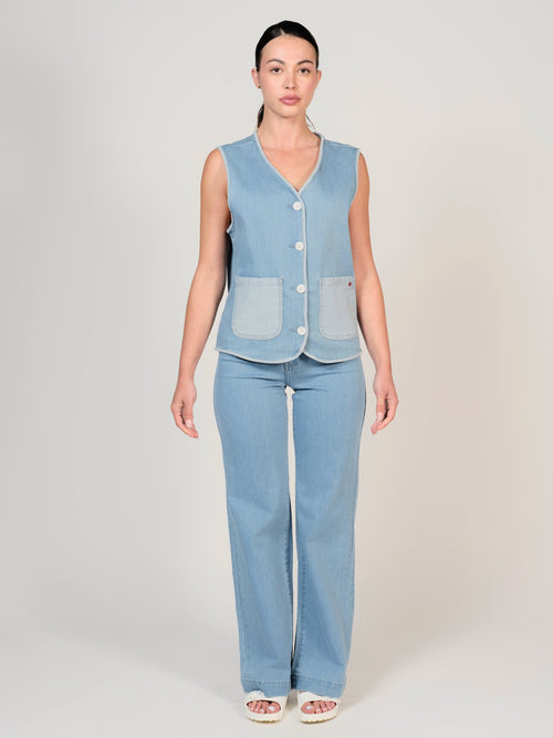 Jean évasé bicolore bleu FAUVE femme, BLUE, taille XS, porté par Mélissa (1m70) – photo 2