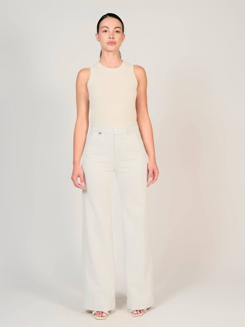 Jean évasé taille haute blanc FRANCINE femme, WHITE/BLUE, taille XS, porté par Mélissa (1m70) – photo 2