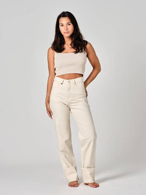 Jean droit greige à revers PEARL femme, GREIGE, taille 24, porté par Valentine (1m70) (FAM PARIS) – photo 1
