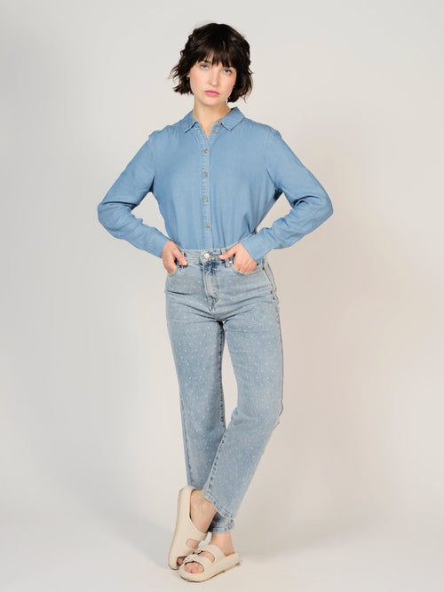 Jean droit bleu POLA POIS femme, LIGHT BLUE, taille 25, porté par Sarah (1m72) (FAM PARIS) – photo 1