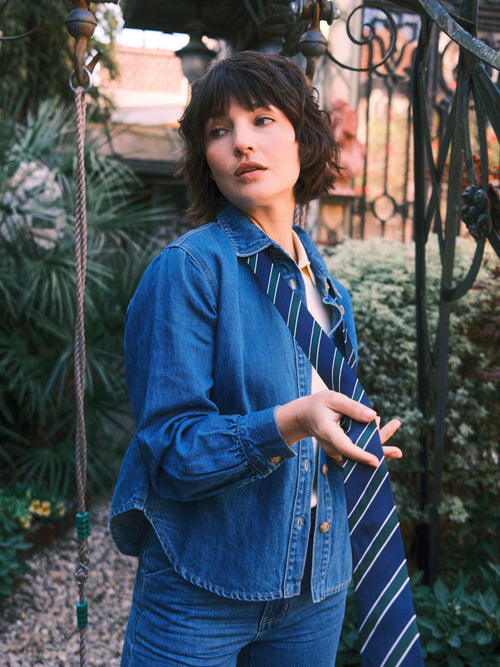 Chemise en jean bleu SALOME femme, BLUE, taille XS, porté par Mélissa (1m70) – photo 6