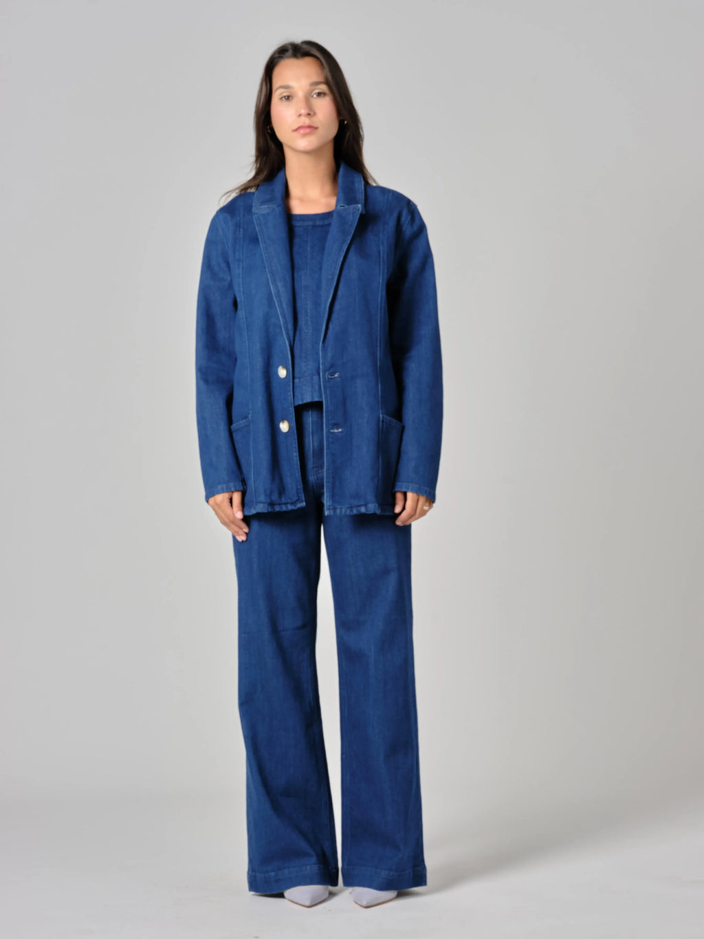 Veste en jean navy INES femme, NAVY, taille XS, porté par Valentine (1m70) – photo 5