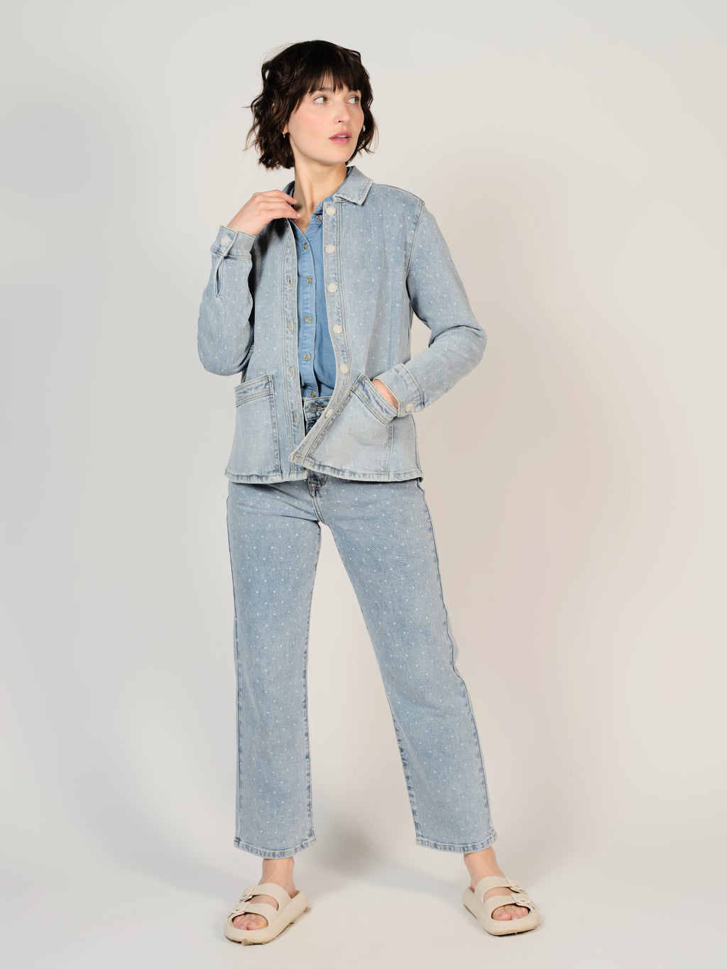 Veste en jean bleu VIVIAN POIS femme, LIGHT BLUE, taille XS, porté par Sarah (1m72) (FAM PARIS) – photo 1