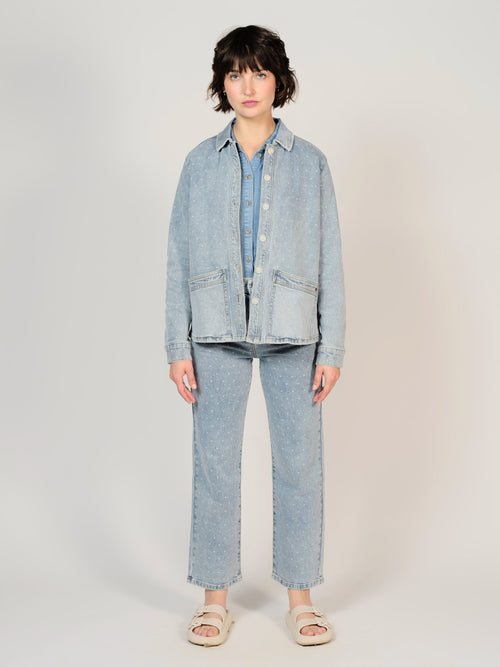 Veste en jean bleu VIVIAN POIS femme, LIGHT BLUE, taille XS, porté par Sarah (1m72) – photo 2