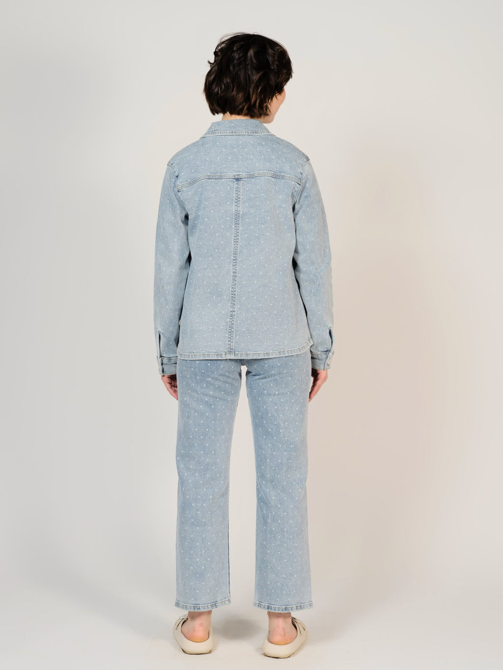 Veste en jean bleu VIVIAN POIS femme, LIGHT BLUE, taille XS, porté par Sarah (1m72) – photo 4