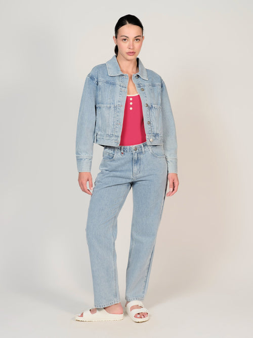 Veste en jean bleu oversize bleu VIKEN femme, LIGHT BLUE, taille XS, porté par Mélissa (1m70) – photo 5