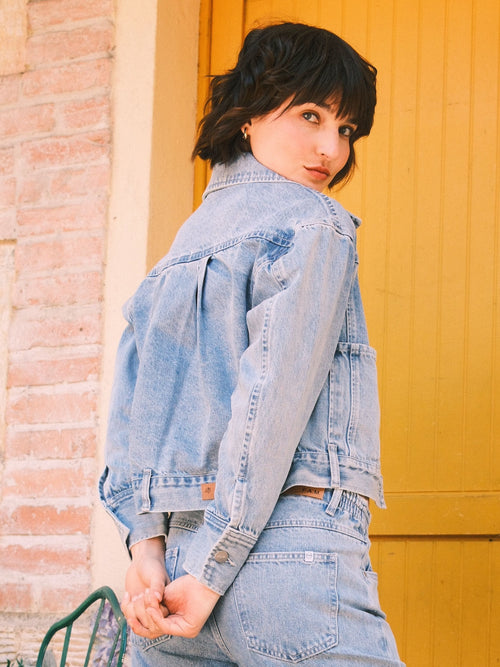 Veste en jean bleu oversize bleu VIKEN femme, LIGHT BLUE, taille XS, porté par Mélissa (1m70) – photo 6