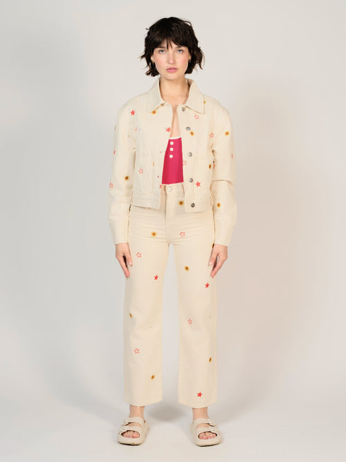 Veste en jean oversize broderie écru VIKEN femme, GREIGE, taille XS, porté par Sarah (1m72) (FAM PARIS) – photo 1
