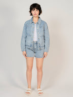 Veste en jean bleu VANNY PERFORÉ femme, BLUE, taille XS, porté par Sarah (1m72) – photo 4
