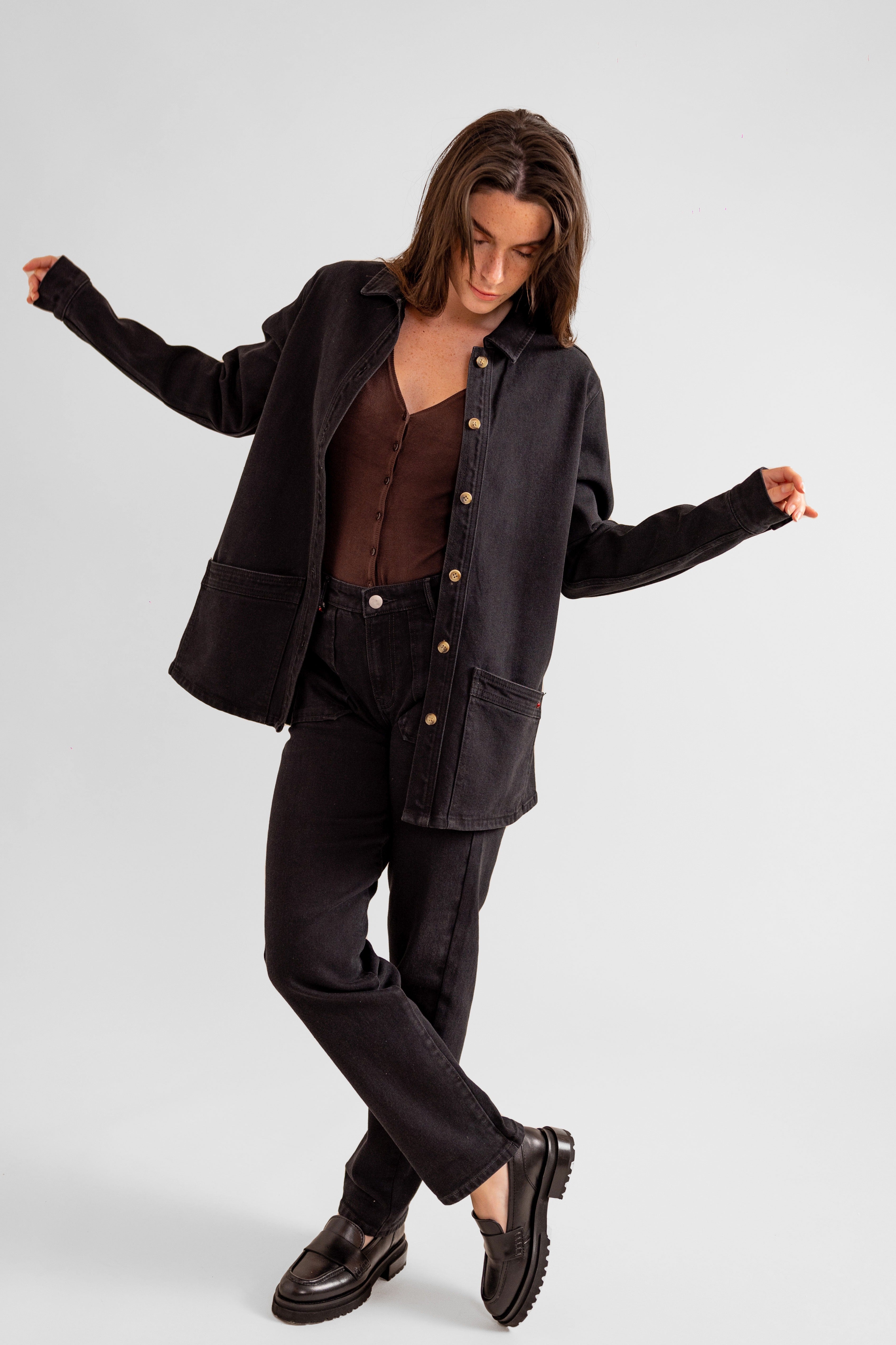 Veste en jean noir VIVIAN-L femme, BLACK, taille XS, porté par Eden (1m70) (FAM PARIS) – photo 1
