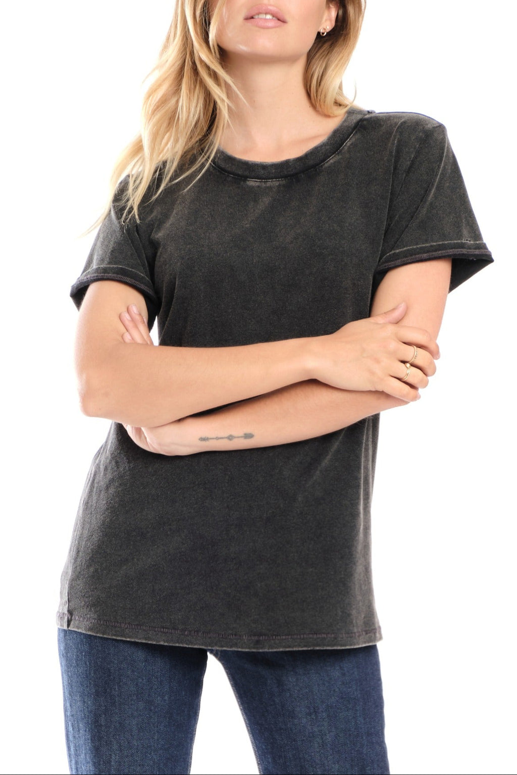 T-shirt noir uni en coton TYFFEN noir femme, BLACK, taille XS, porté par Clara (1m71) (FAM PARIS) – photo 1