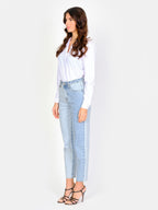 Jean mom bi-color POLLY RV femme, BLUE, taille 25, porté par Amanda (1m76) – photo 3