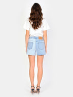 Short court bicolore en jean ALICIA RV femme, BLUE, taille XS, porté par Amanda (1m76) – photo 4