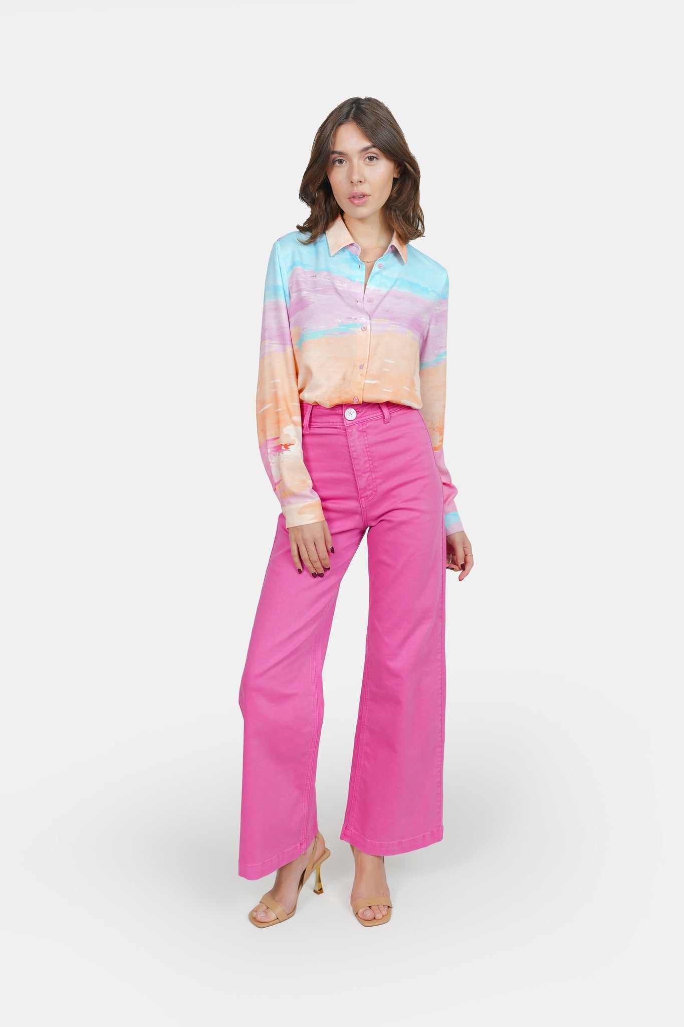 Jean évasé fuchsia FAUVE en coton femme, FUCHSIA, taille XS, porté par Claire (1m76) (FAM PARIS) – photo 1