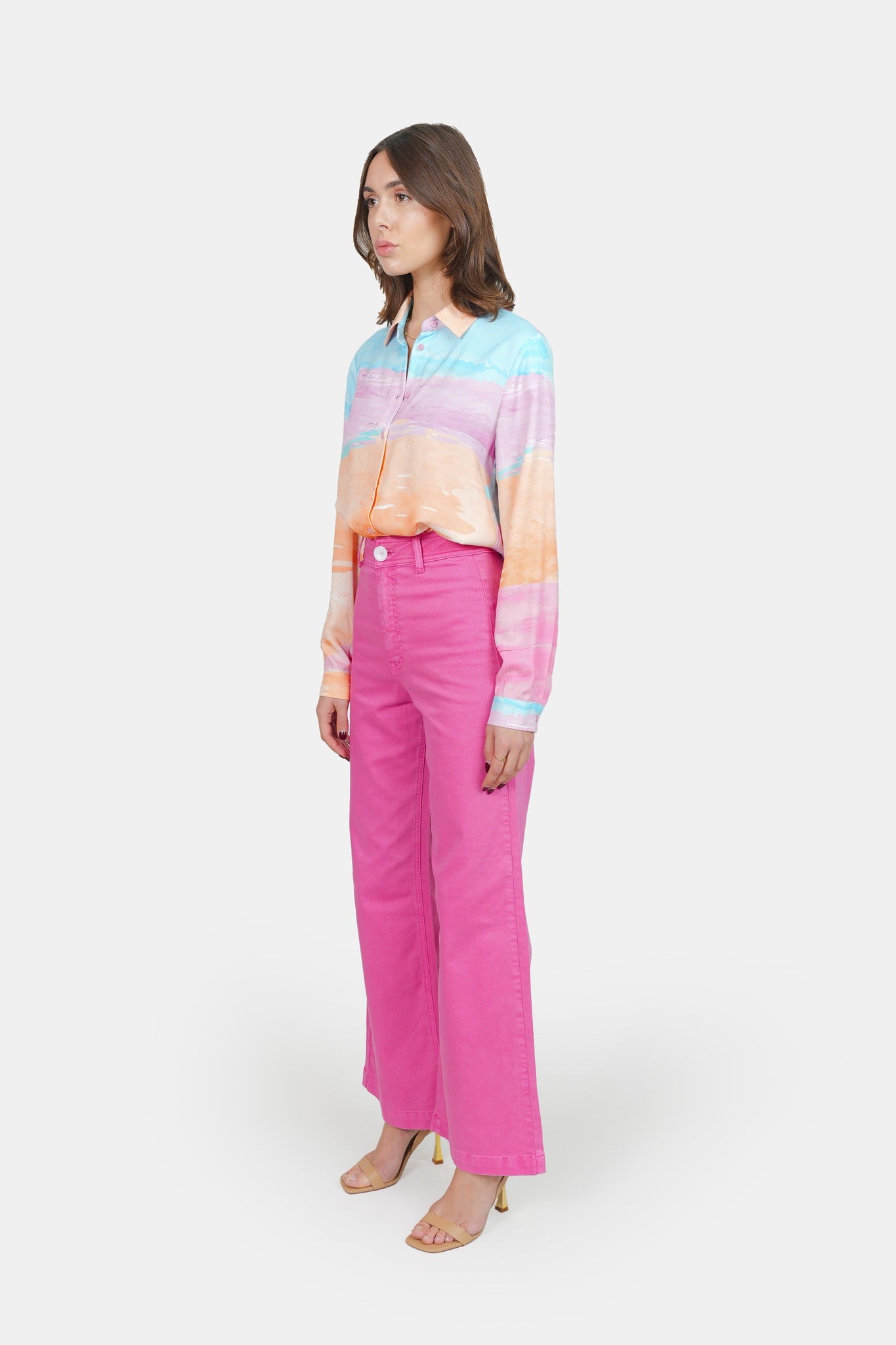 Jean évasé fuchsia FAUVE en coton femme, FUCHSIA, taille XS, porté par Claire (1m76) – photo 3