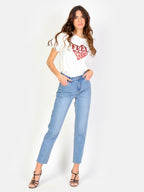 Jean mom taille haute bleu POLLY femme, BLUE, taille 25, porté par Amanda (1m76) (FAM PARIS) – photo 1